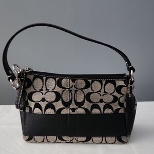 Coach Fabric Handbag Black With Zippered Top 6 Inch Strap.